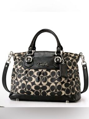 Coach Ashley NWT Black Gray Signature Canvas Satchel Crossbody Large Bag Purse 🖤